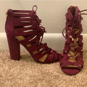 Charlotte Russell Wine Colored Caged Sandals with Block Heels.